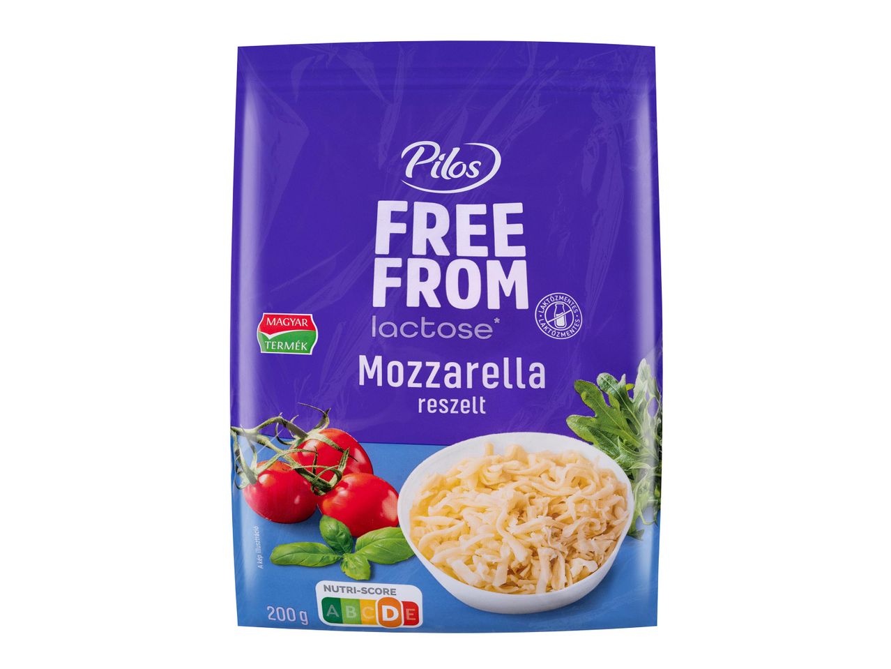 Pilos Free From laktózmentes reszelt mozzarella sajt, 200g-os kiszerelésben.