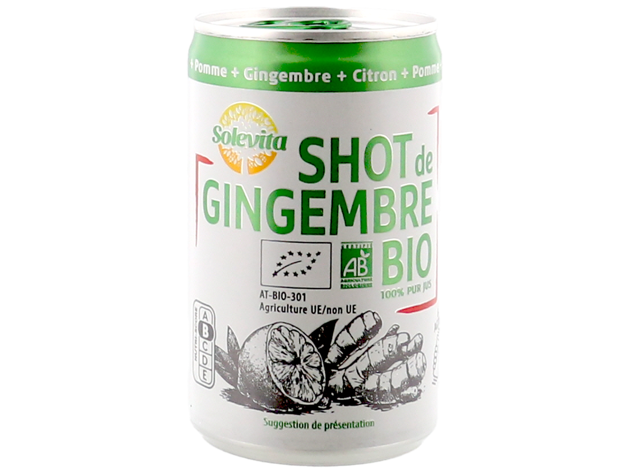 Canette de shot de gingembre bio avec pomme et citron.