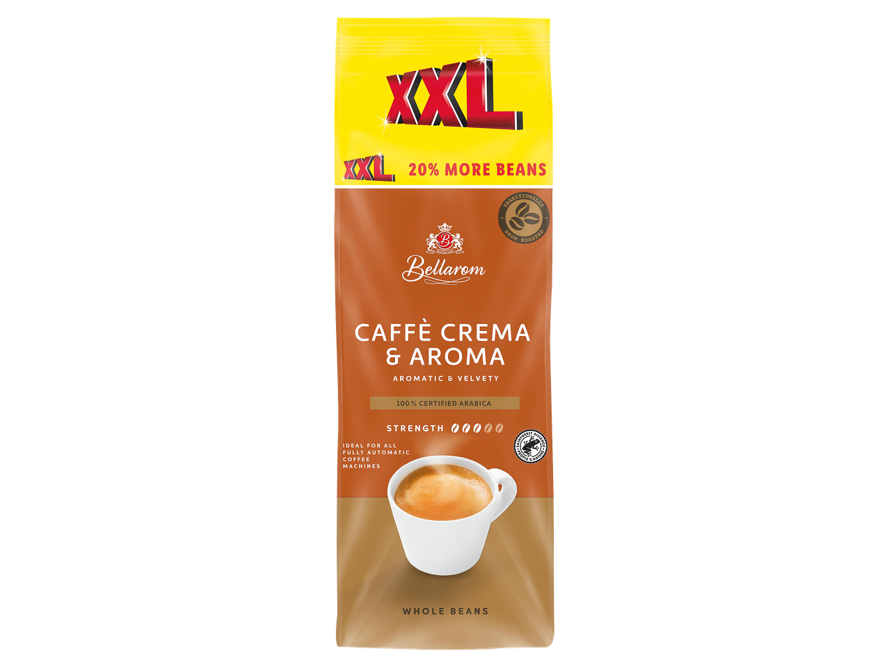 XXL kávébab csomag Caffè Crema & Aroma felirattal, 20% extra babbal.