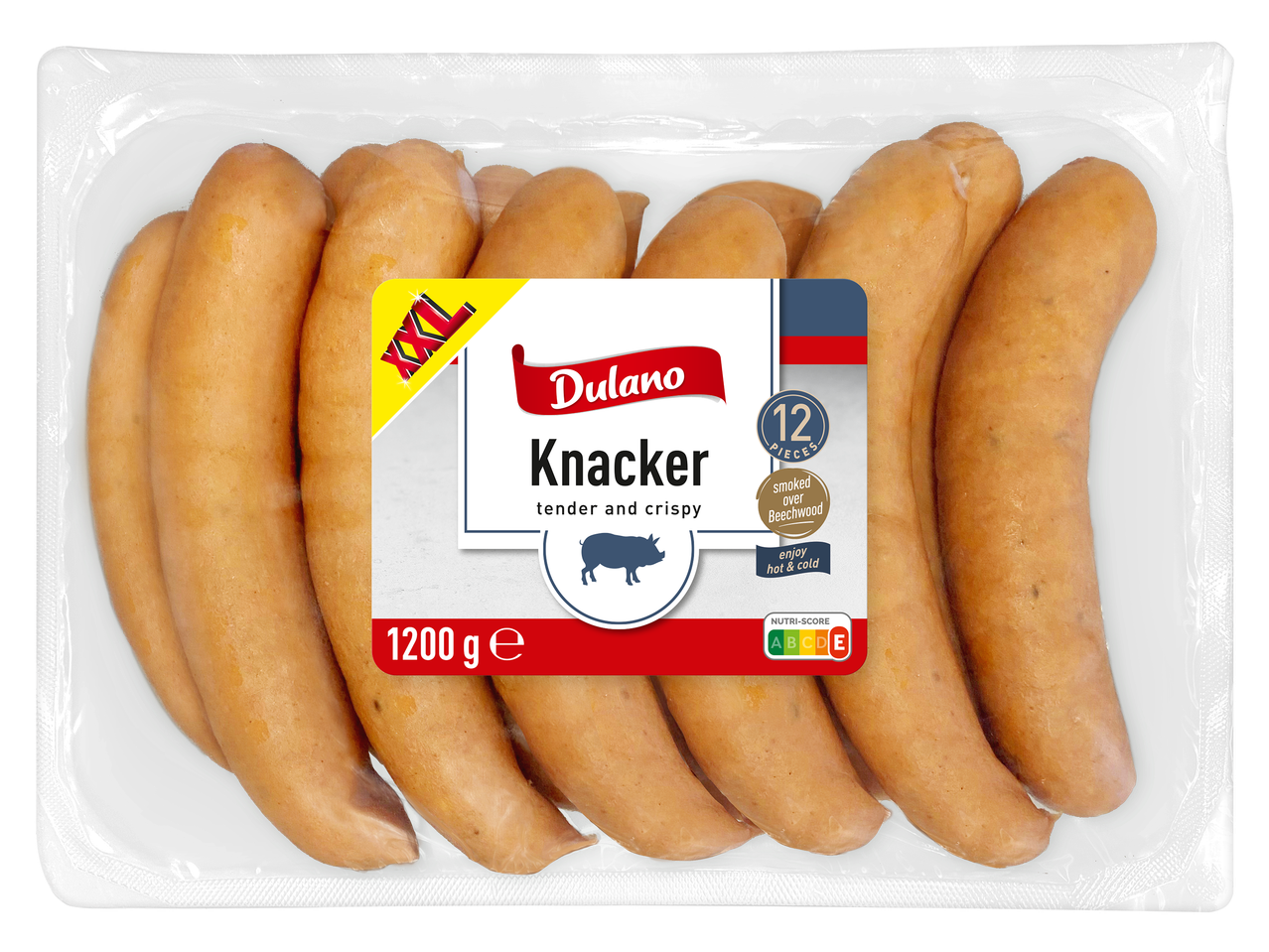 Saucisses Knacker de porc, fumées au bois de hêtre, 12 pièces, 1200g.