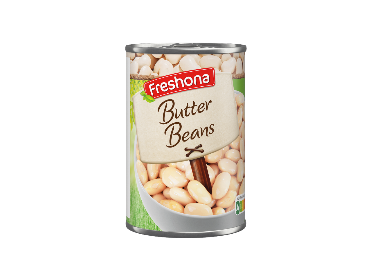 Konzerva maslaca graha s natpisom 'Butter Beans' i Nutri-Score oznakom.
