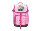 Pink children's backpack with a cartoon dog character and the text 'WE'VE GOT DINOS TO SAVE!'