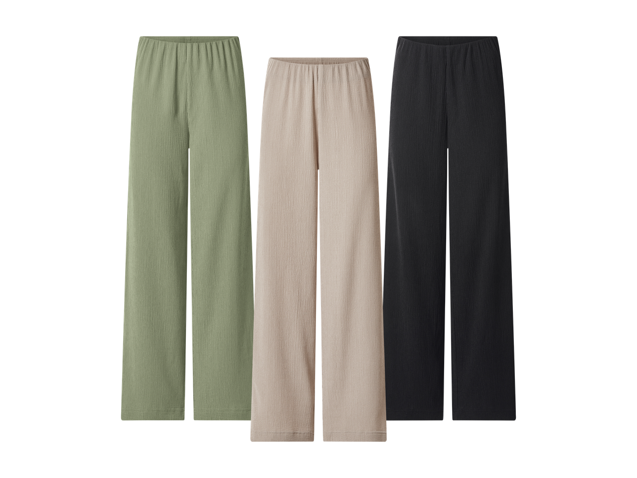 Tri para širokih hlača u zelenoj, bež i crnoj boji.
