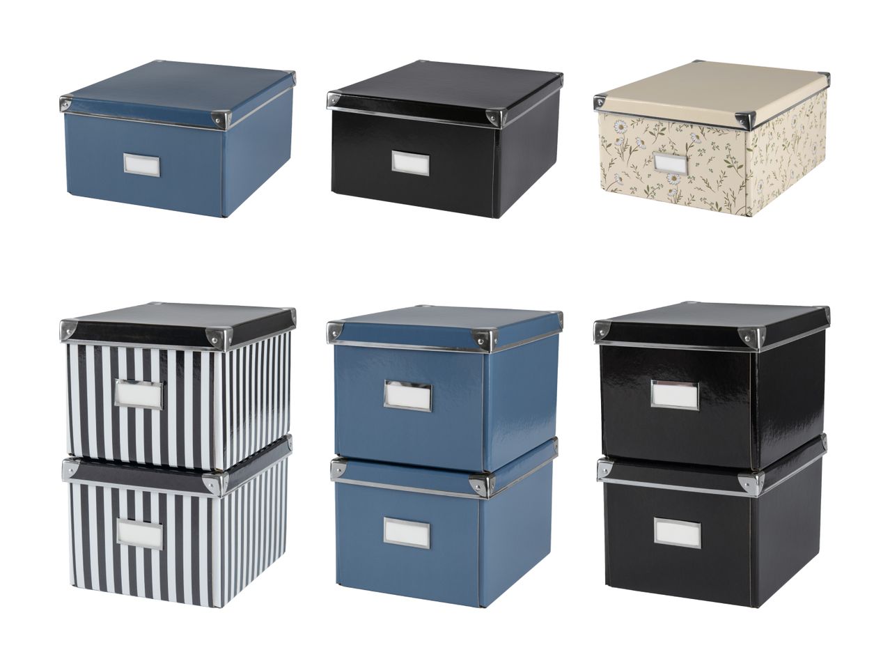 Sechs dekorative Aufbewahrungsboxen in verschiedenen Farben und Mustern, ideal für Ordnung und Organisation.