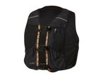Black running vest with orange and reflective stripes, multiple buckles, and mesh panels.