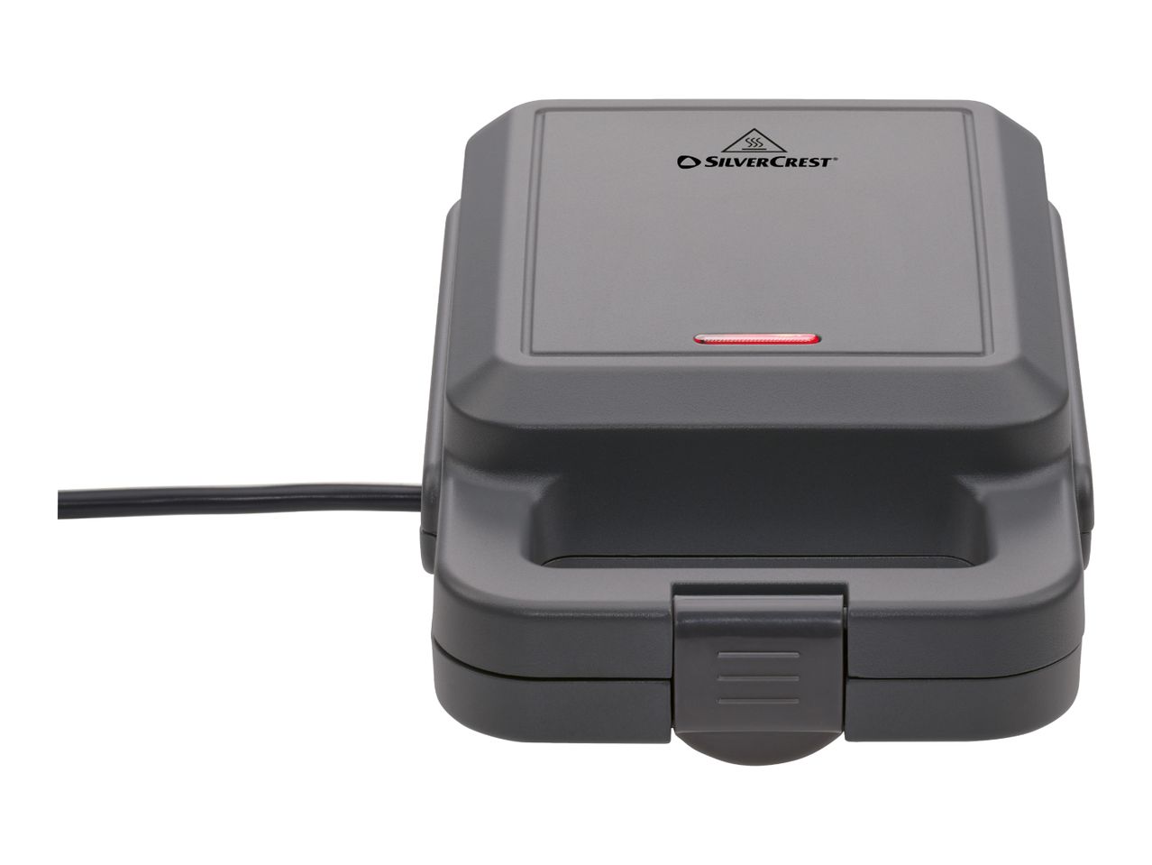 A gray SilverCrest sandwich maker with a red indicator light and a black power cord.