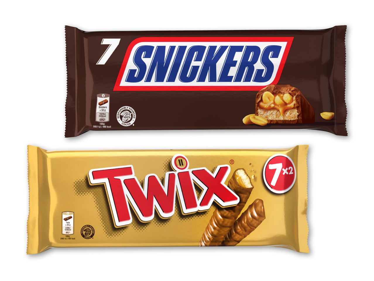 Pakker med chokoladebarer, en med karamel og peanuts, den anden med karamel og kiks.