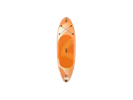 Planche de paddle orange et blanche avec des motifs géométriques et des cordes élastiques.