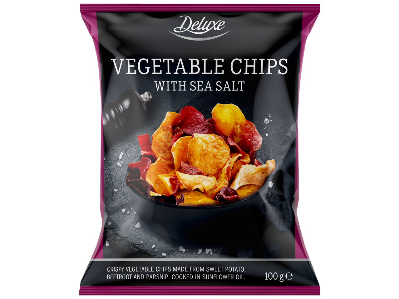 Deluxe köögivilja krõpsud meresoolaga: maguskartul, peet ja pastinaak.