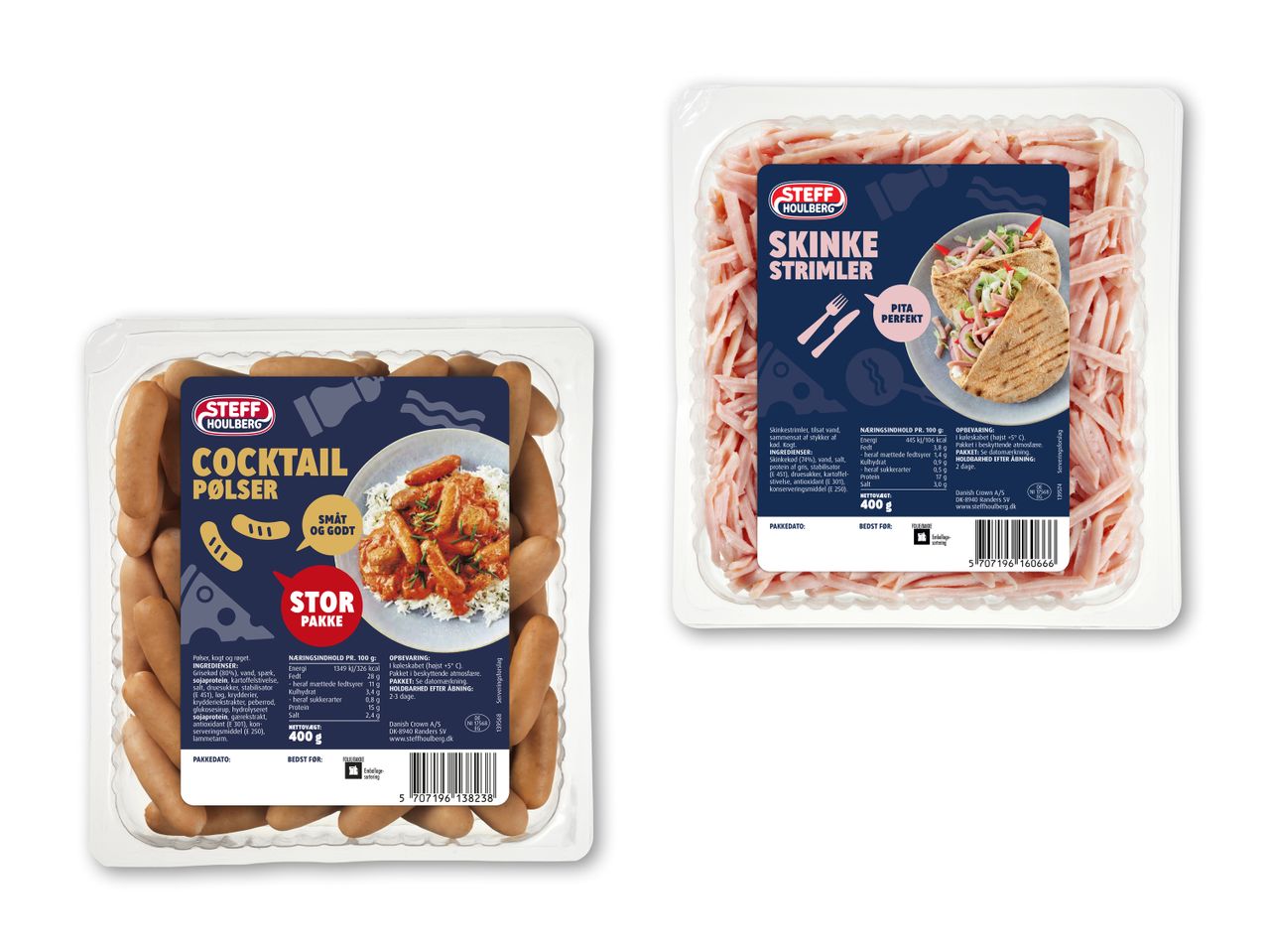 To pakker Steff Houlberg kødprodukter: cocktailpølser og skinkestrimler.