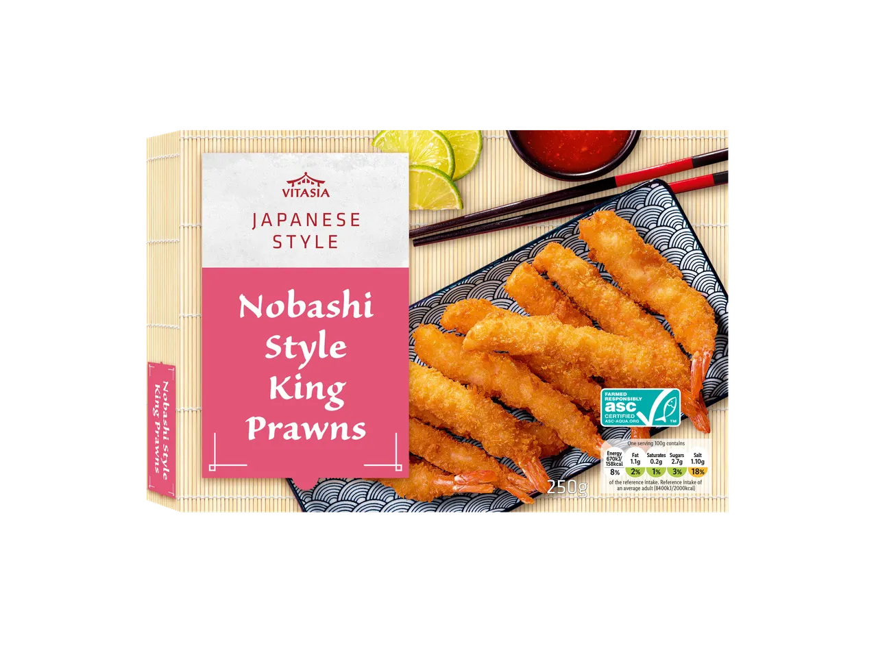Japanese style Nobashi King Prawns with lime slices and dipping sauce.