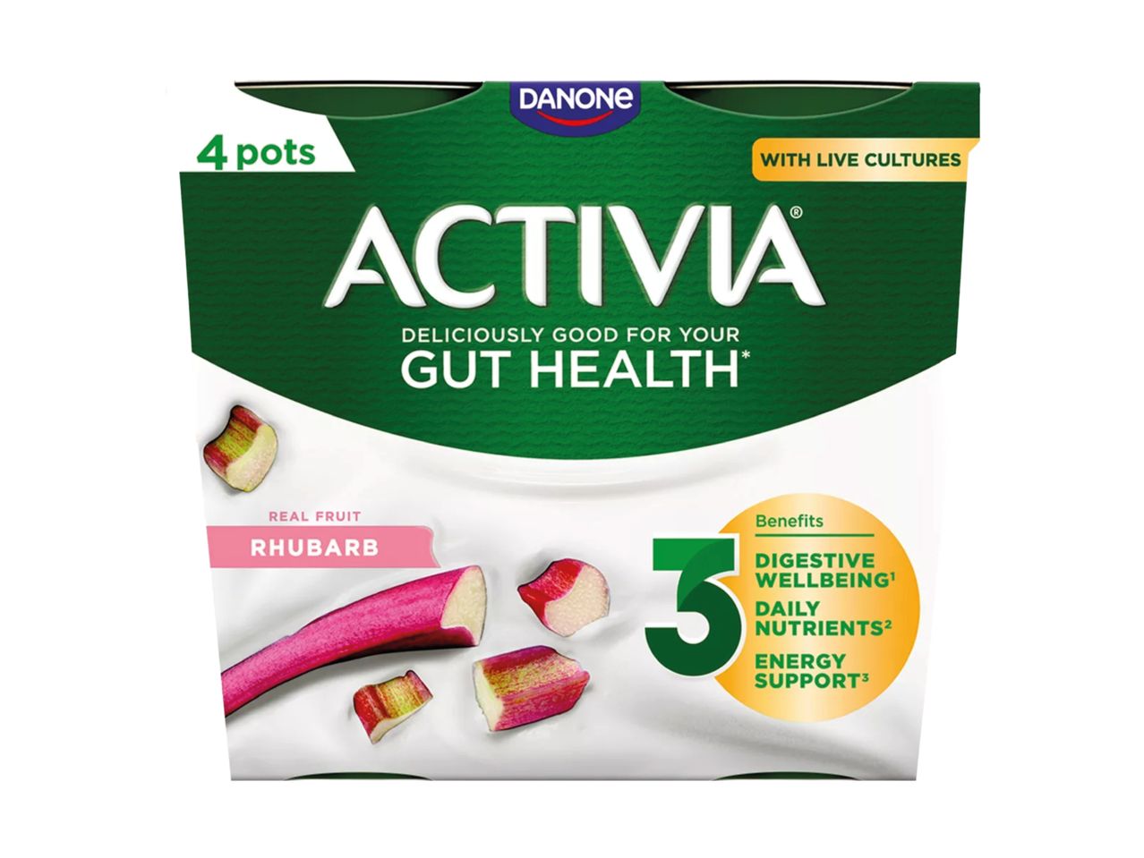 4-pot yogurt pack with rhubarb, highlighting gut health, digestive wellbeing, daily nutrients, and energy support.