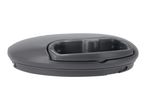 A gray, oval-shaped food container lid with an integrated handle.