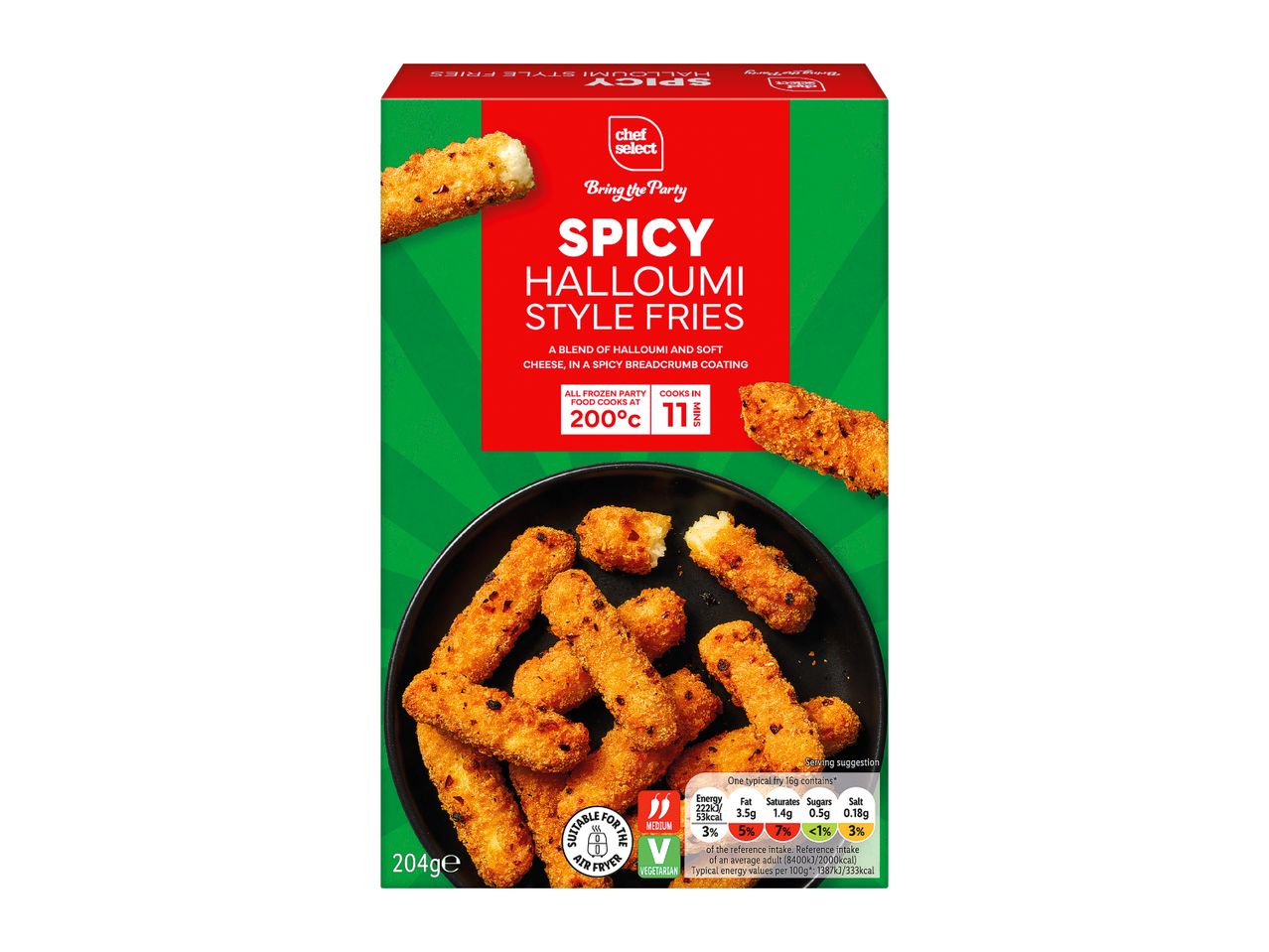 A box of spicy halloumi style fries, suitable for the air fryer.