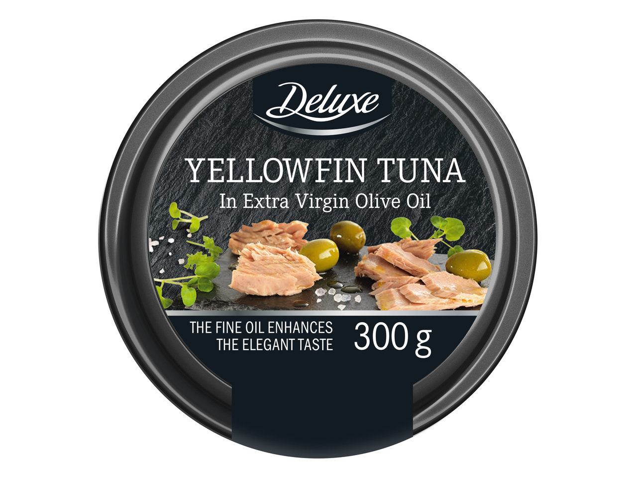 Deluxe kollane uimedega tuunikala extra virgin oliiviõlis, 300 g.