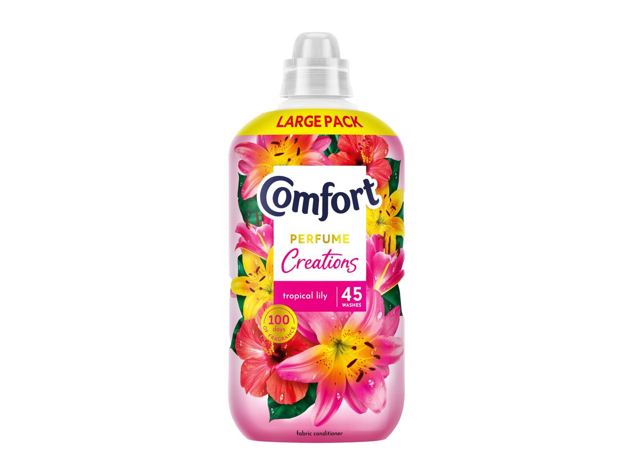 A bottle of Comfort Perfume Creations fabric conditioner in tropical lily scent.