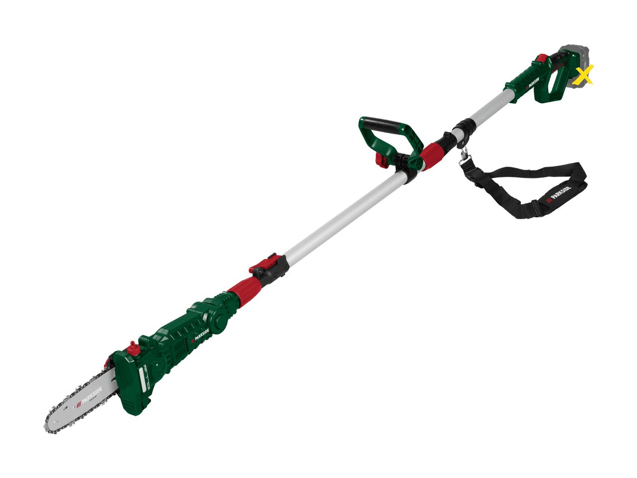 Sega a palo a batteria con manico verde e rosso, lama argentata e tracolla nera.