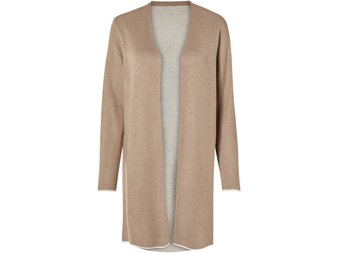 En lång beige kofta med ljusare beige foder.