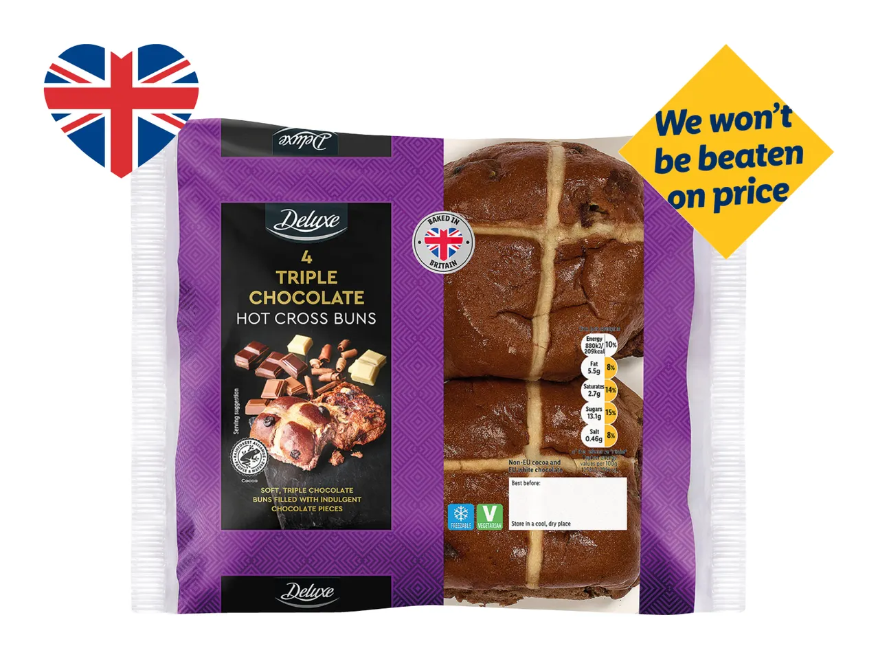 Triple chocolate hot cross buns in packaging with nutritional information and a price promise.