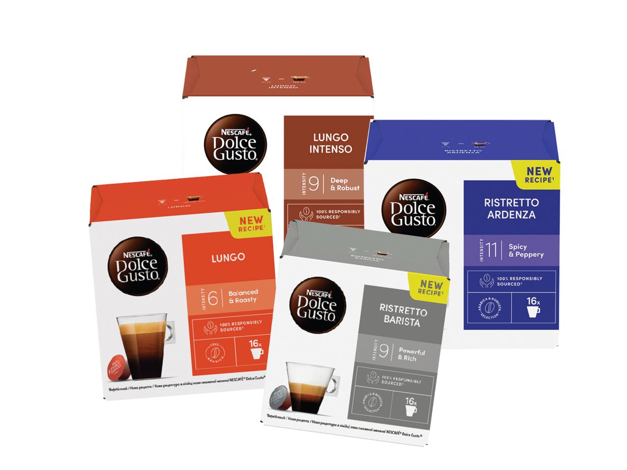 Nescafé Dolce Gusto kapsule za kafu: Lungo Intenso, Lungo, Ristretto Ardenza i Ristretto Barista.