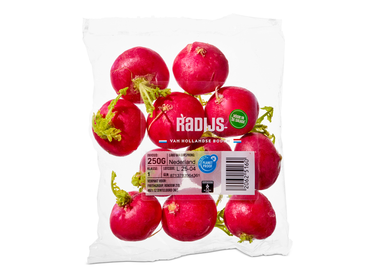 Verpakking met radijsjes, met de tekst 'Radijs', 'Van Hollandse Bodem' en productinformatie.