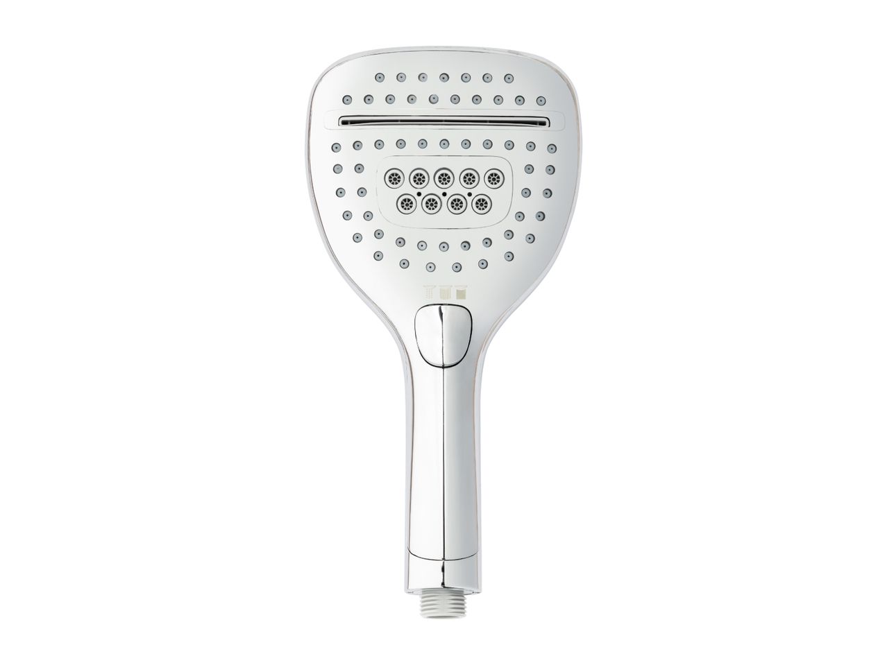Chrome-plated handheld shower head with multiple spray settings on a white background.