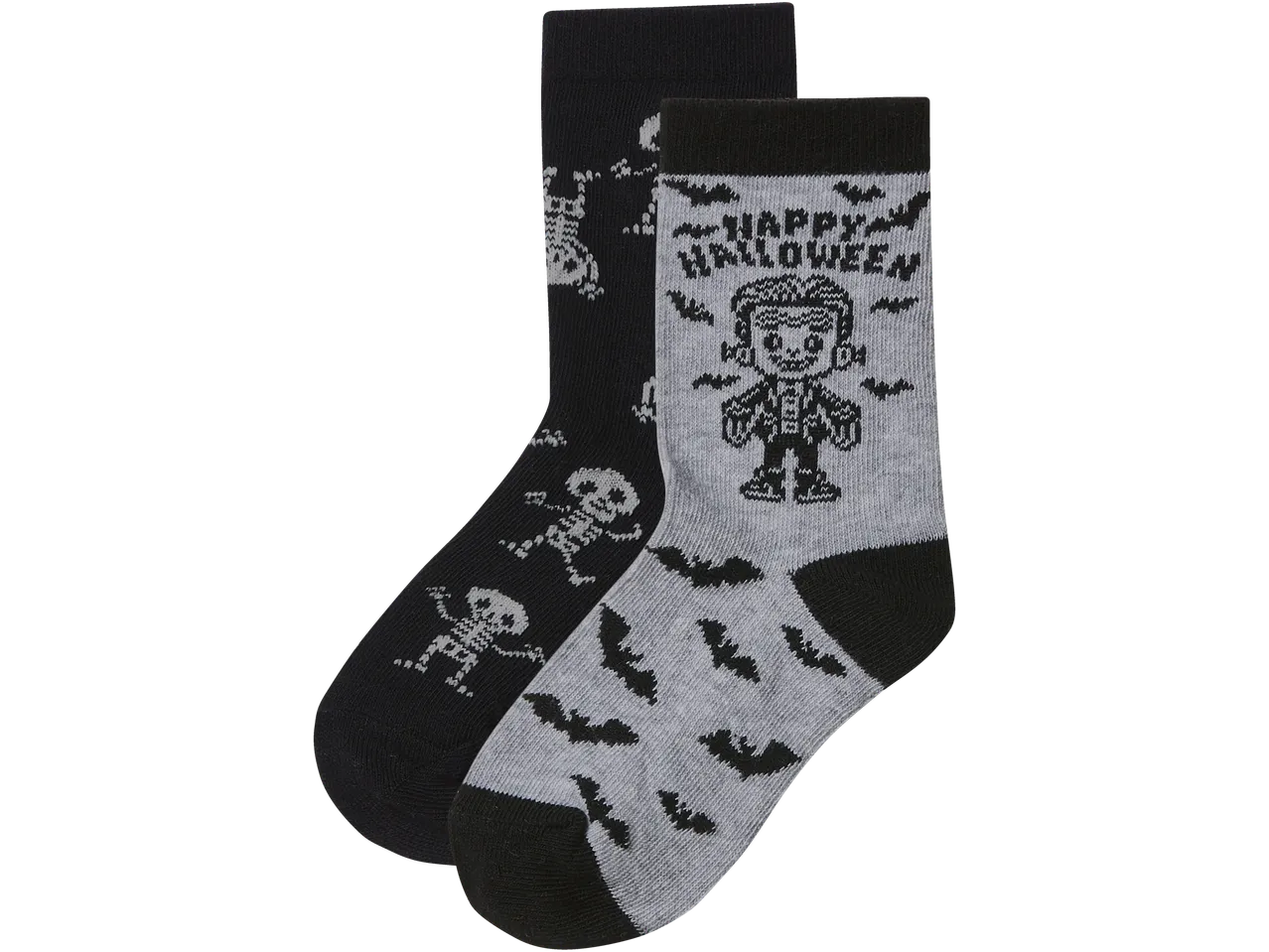Halloween socks with skeletons and monsters, one black and one grey.