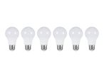 Six white LED light bulbs with screw bases arranged in a row.