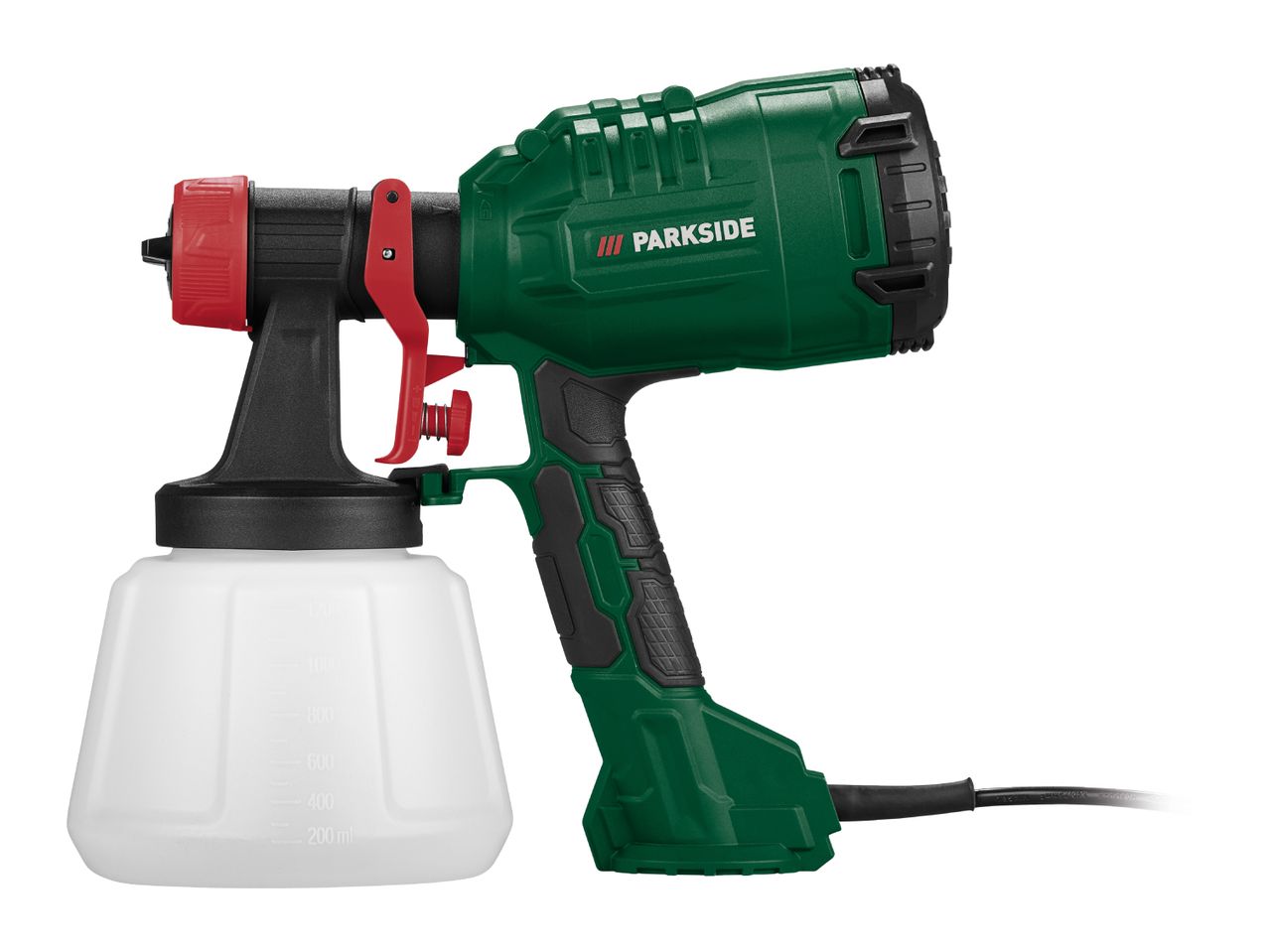 PARKSIDE electric paint spray gun with a white container, green and black body, and red accents.