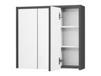 A dark gray and white wall-mounted bathroom cabinet with mirrored doors and interior shelving.