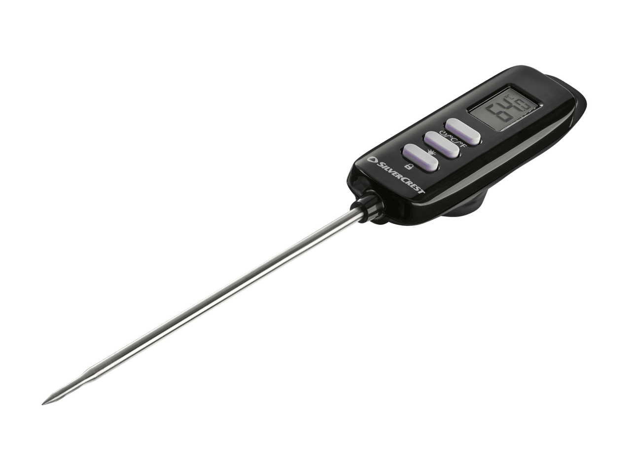 SilverCrest digitales Bratenthermometer mit spitzer Metallsonde und Display, das 64.5 anzeigt