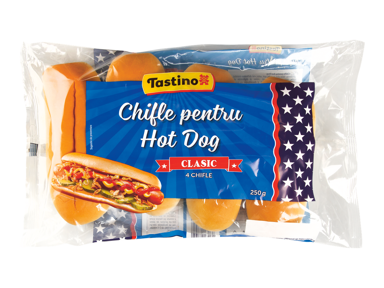 Pachet de chifle pentru hot dog, 4 bucăți, 250g, cu un design american.