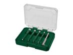 A set of five drill bits in a green and clear plastic case, including diamond-coated and tile drill bits.