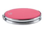 A pink compact mirror with a silver rim.