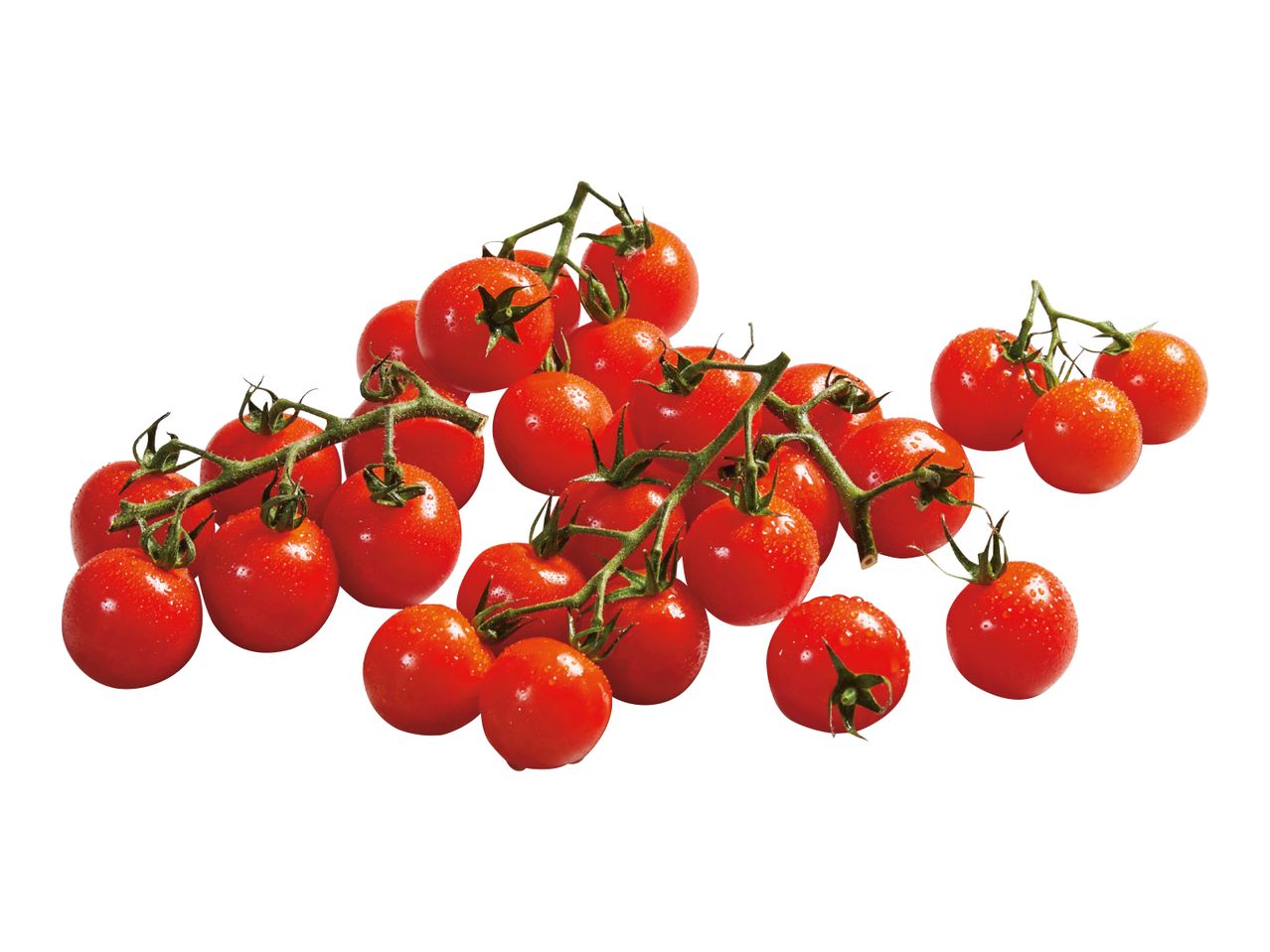 Grozdovi svježih cherry rajčica s kapljicama vode