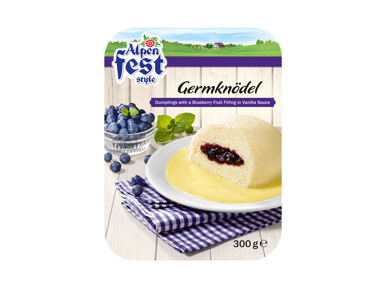 Alpen Fest Style Germknödel: Blueberry dumplings in vanilla sauce.