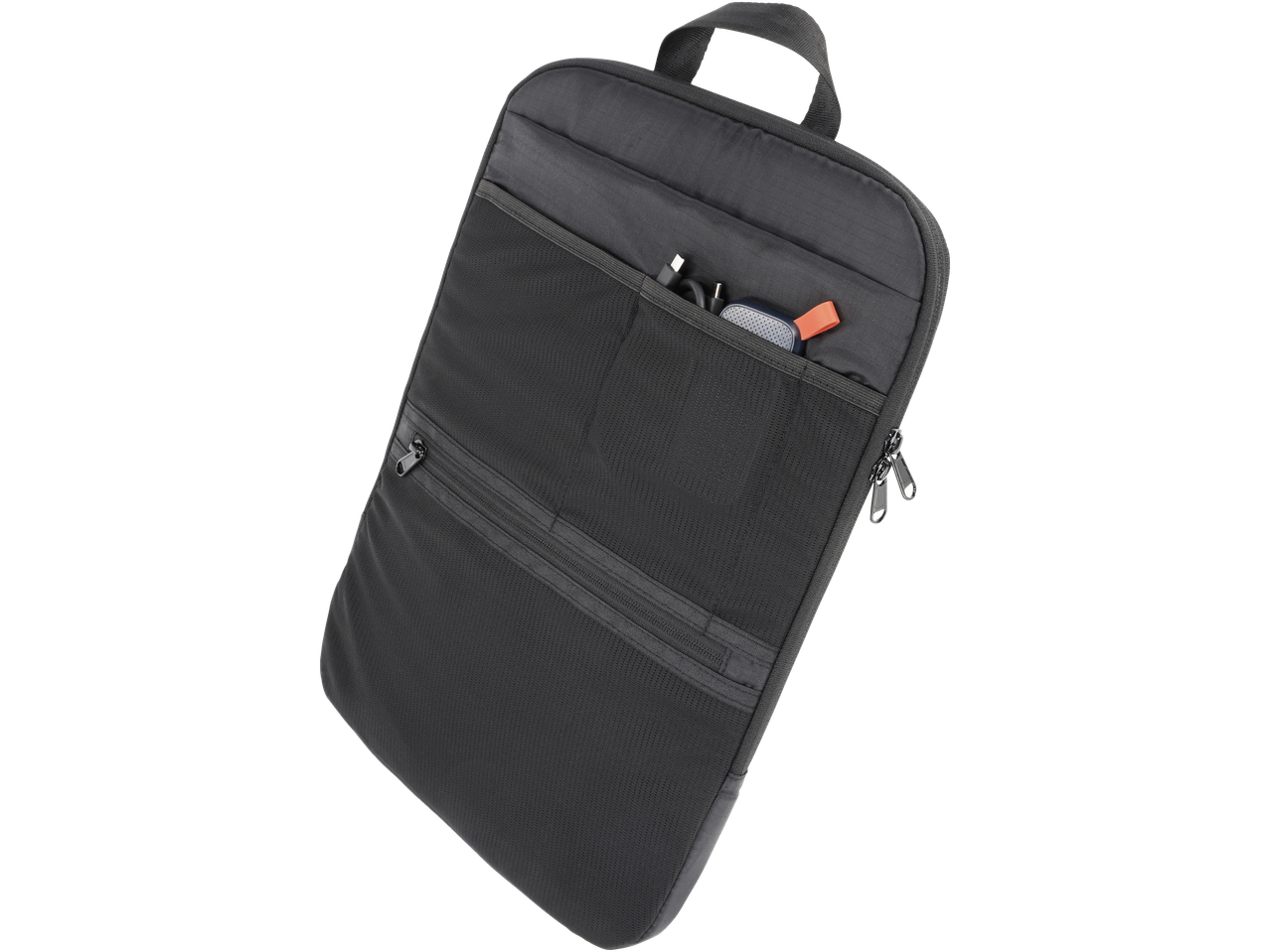 Esmara Carry-on Backpack, black, with mesh pocket holding a portable speaker and cables