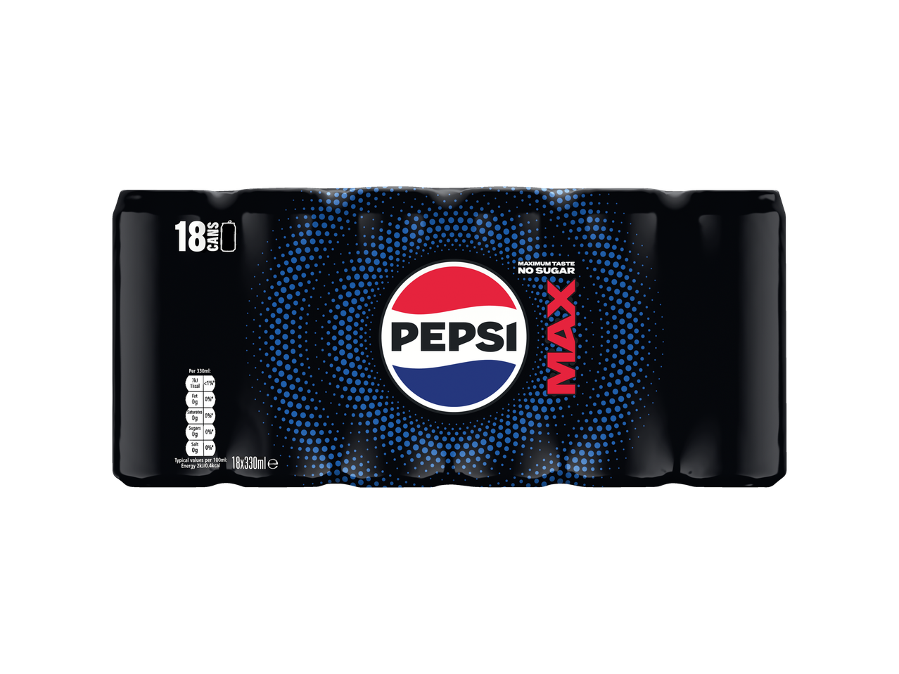 Pepsi Max 18-pack of 330ml cans, maximum taste, no sugar