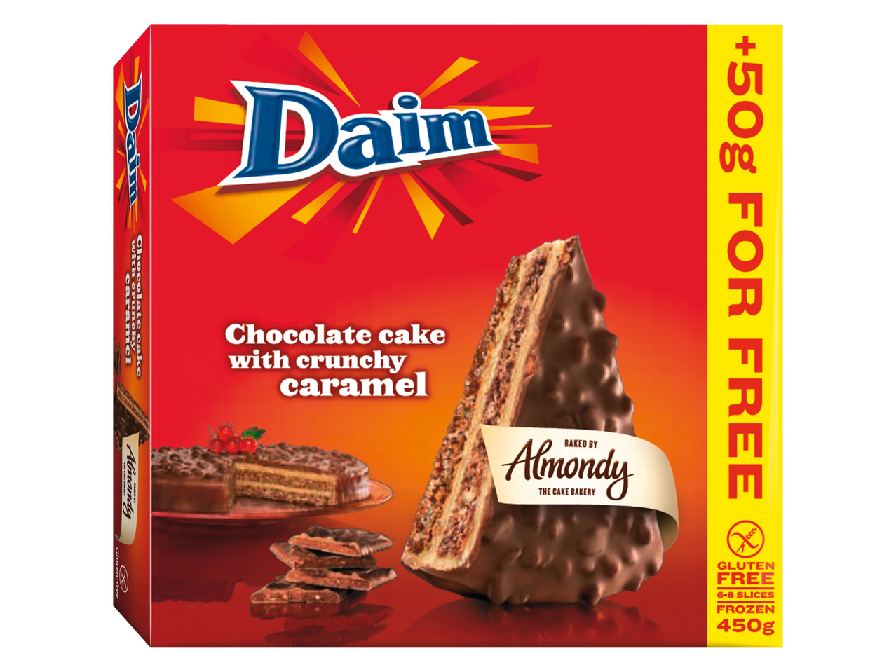 Prăjitură Daim cu ciocolată și caramel crocant, congelată, de la Almondy.
