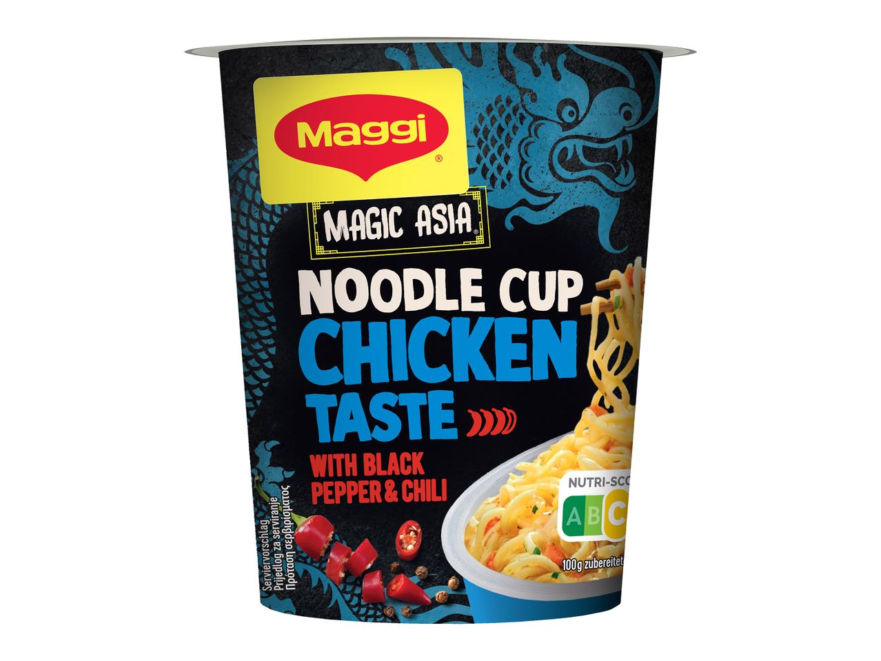 Κύπελλο νουντλς Maggi Magic Asia με γεύση κοτόπουλου, μαύρου πιπεριού και τσίλι.