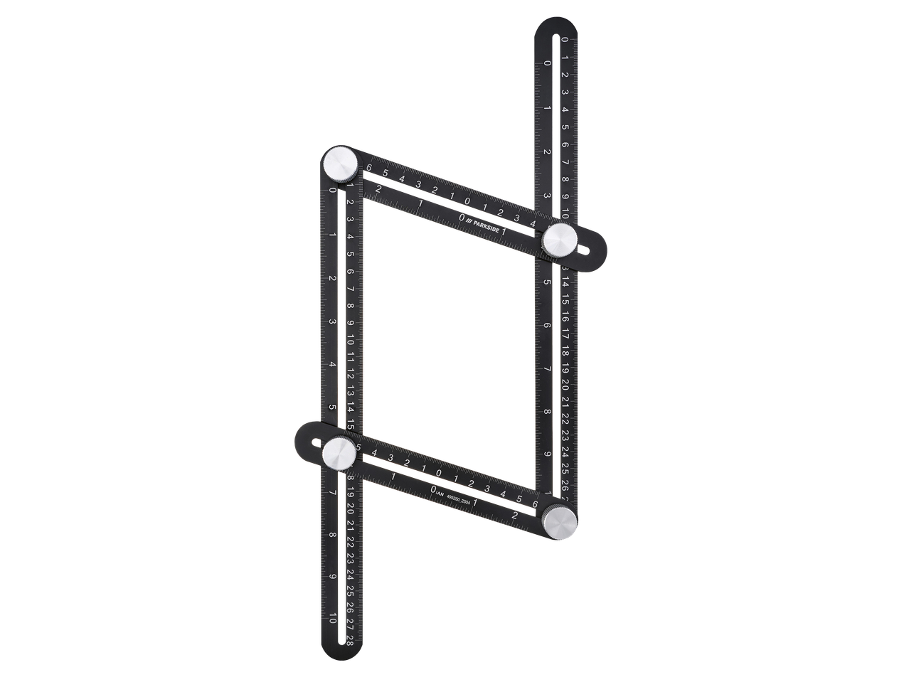 Fekete, összecsukható szögmérő és vonalzó, fehér számokkal és jelölésekkel.