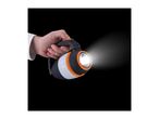 Hand holding a black and orange flashlight with a bright beam of light.