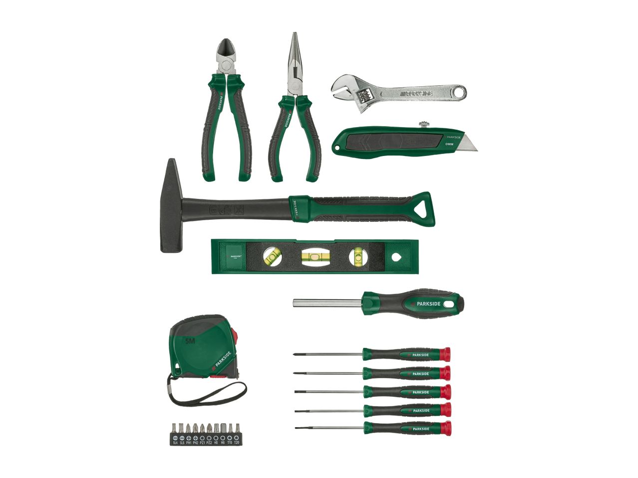A set of hand tools including pliers, hammer, adjustable wrench, utility knife, spirit level, tape measure, screwdriver set, and various bits.