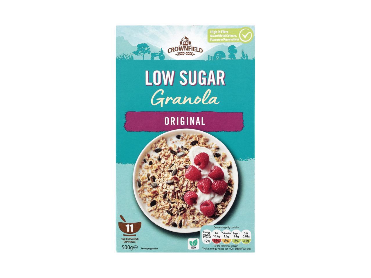 Low sugar original granola with raspberries and yogurt, high in fibre, vegan, 500g.