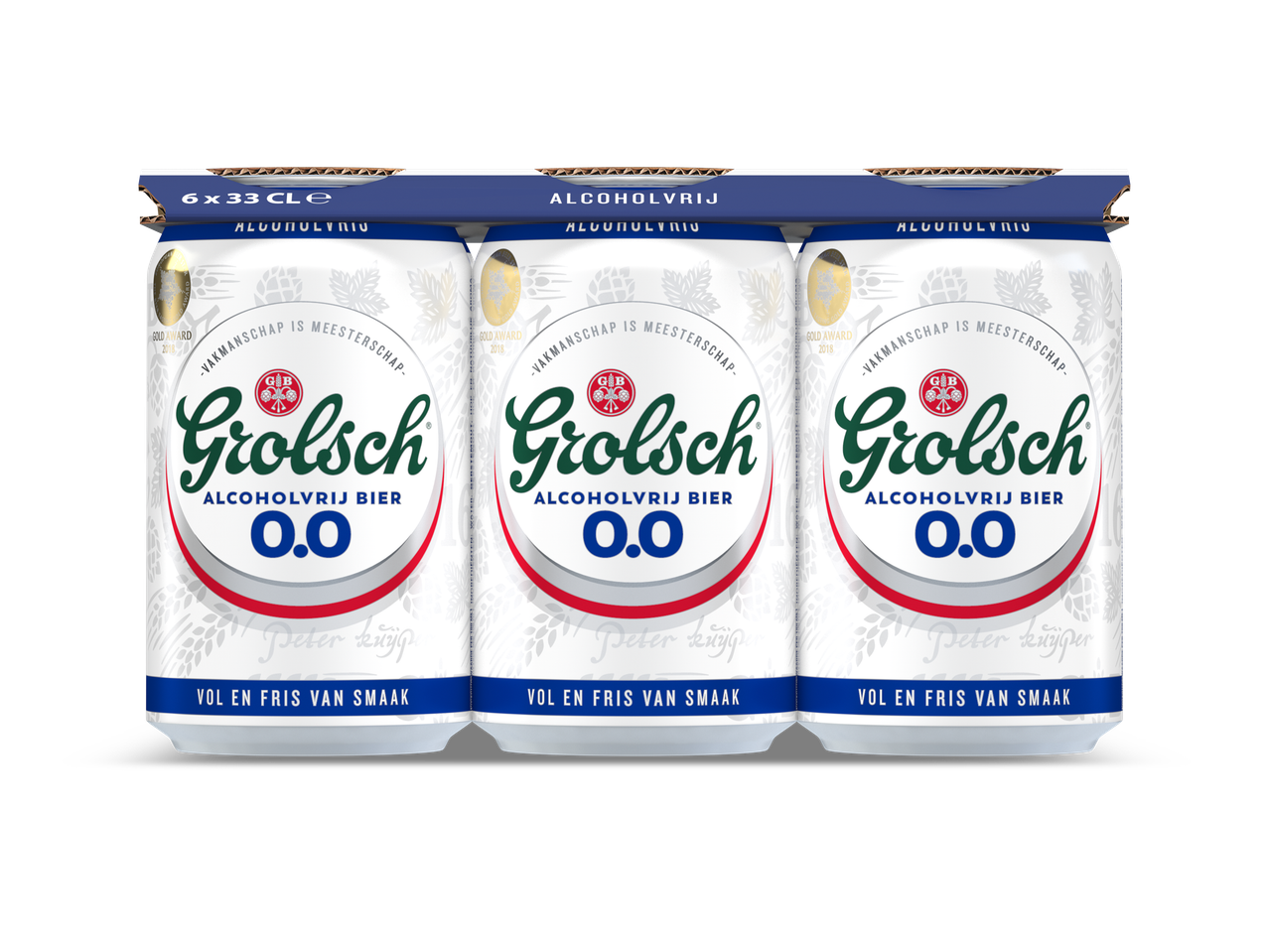 Een sixpack alcoholvrij bier in blikjes met de tekst 'Vakmanschap is Meesterschap' en 'Vol en Fris van Smaak'.