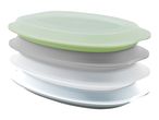 Stackable oval food storage containers with lids.
