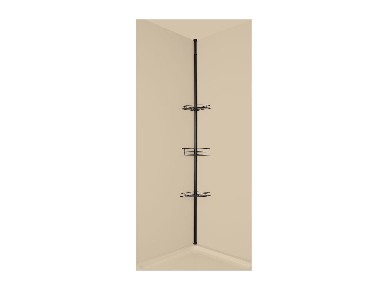 Black corner shower caddy with three wire shelves in a beige shower.