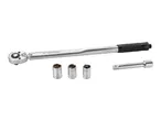 Torque wrench set with three sockets and an extension bar.