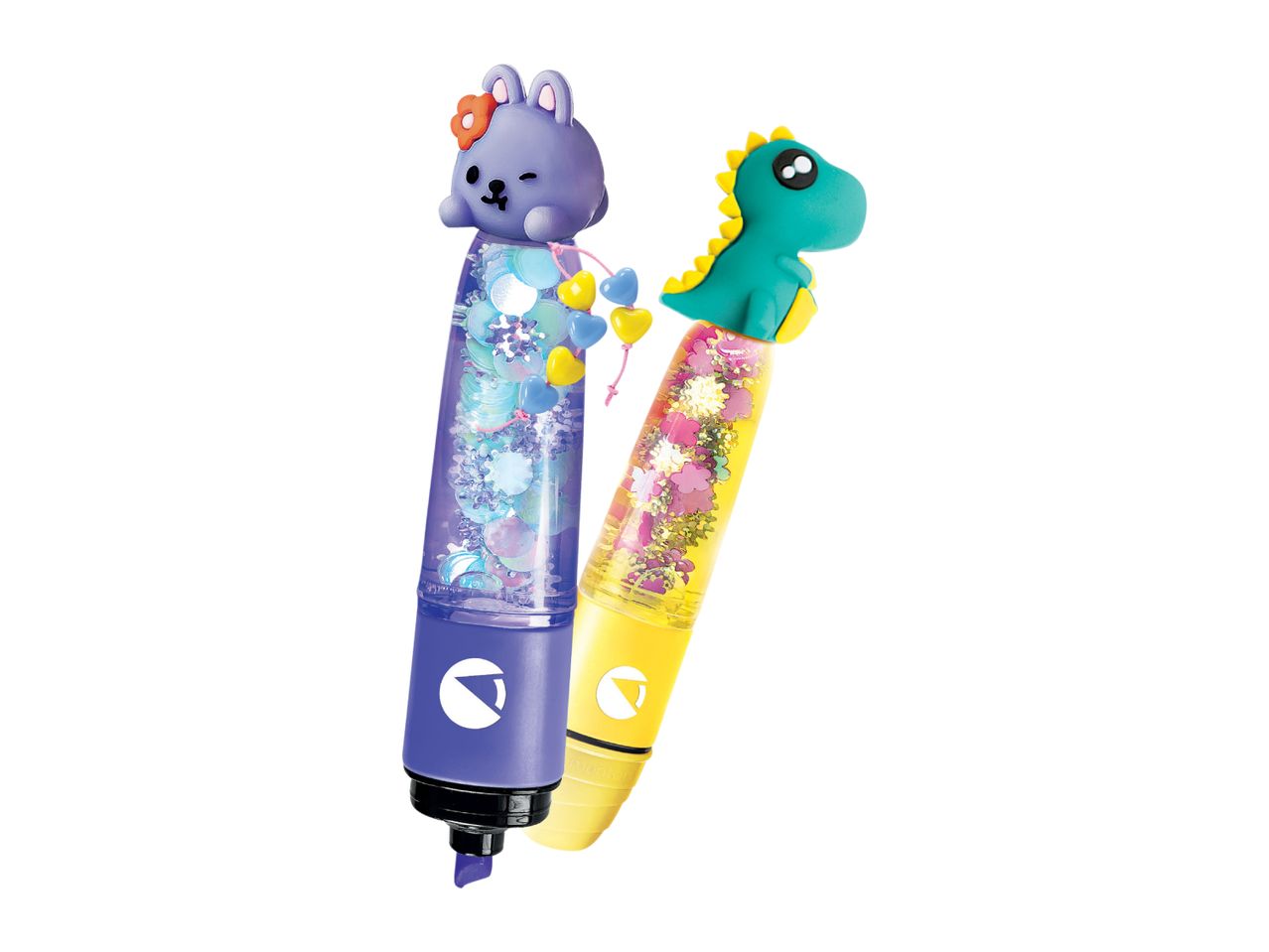 Two glitter highlighters with animal toppers: a purple bunny and a green dinosaur.
