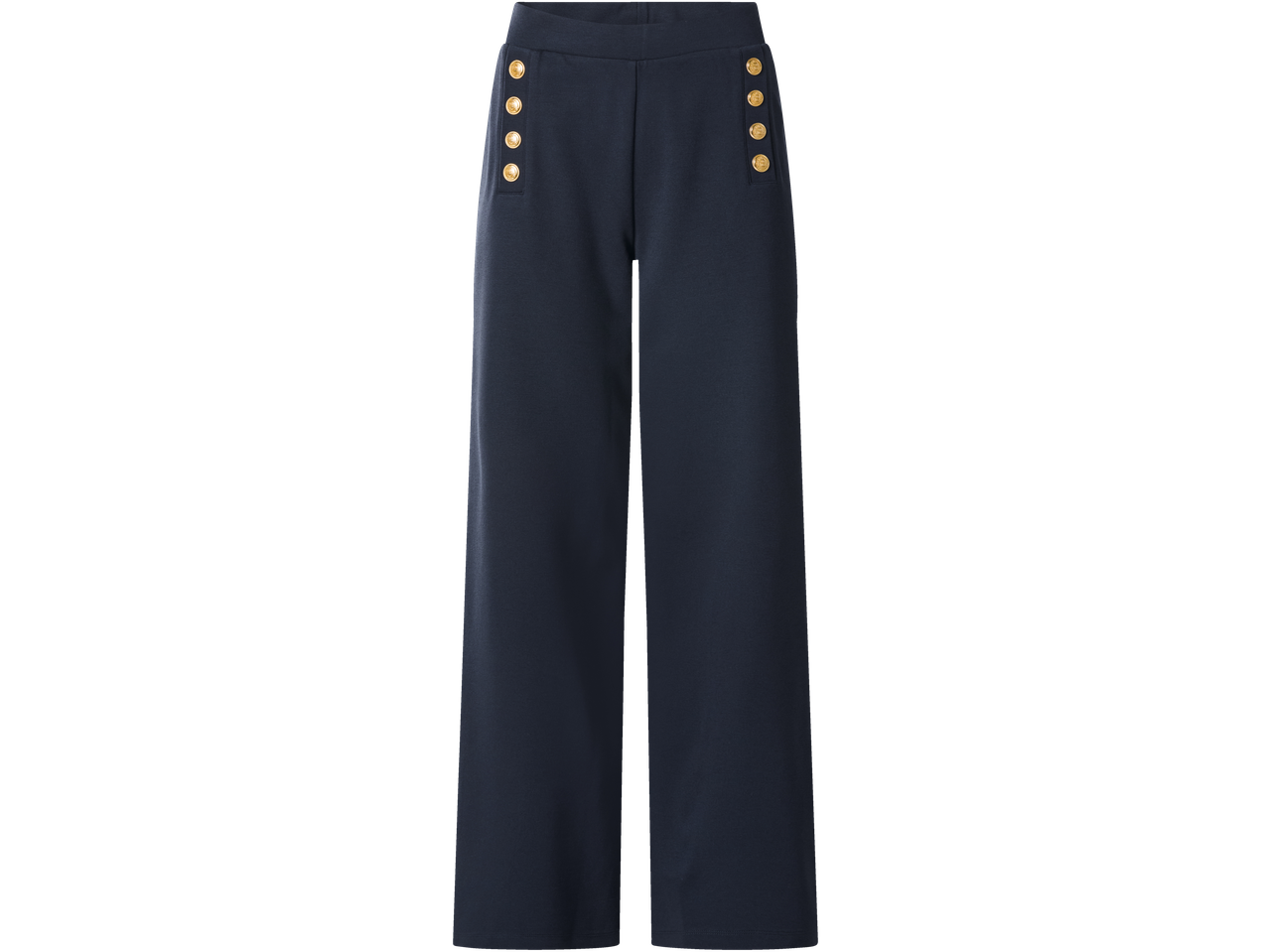 Ženske hlače ESMARA u tamnoplavoj boji s ukrasnim zlatnim gumbima.